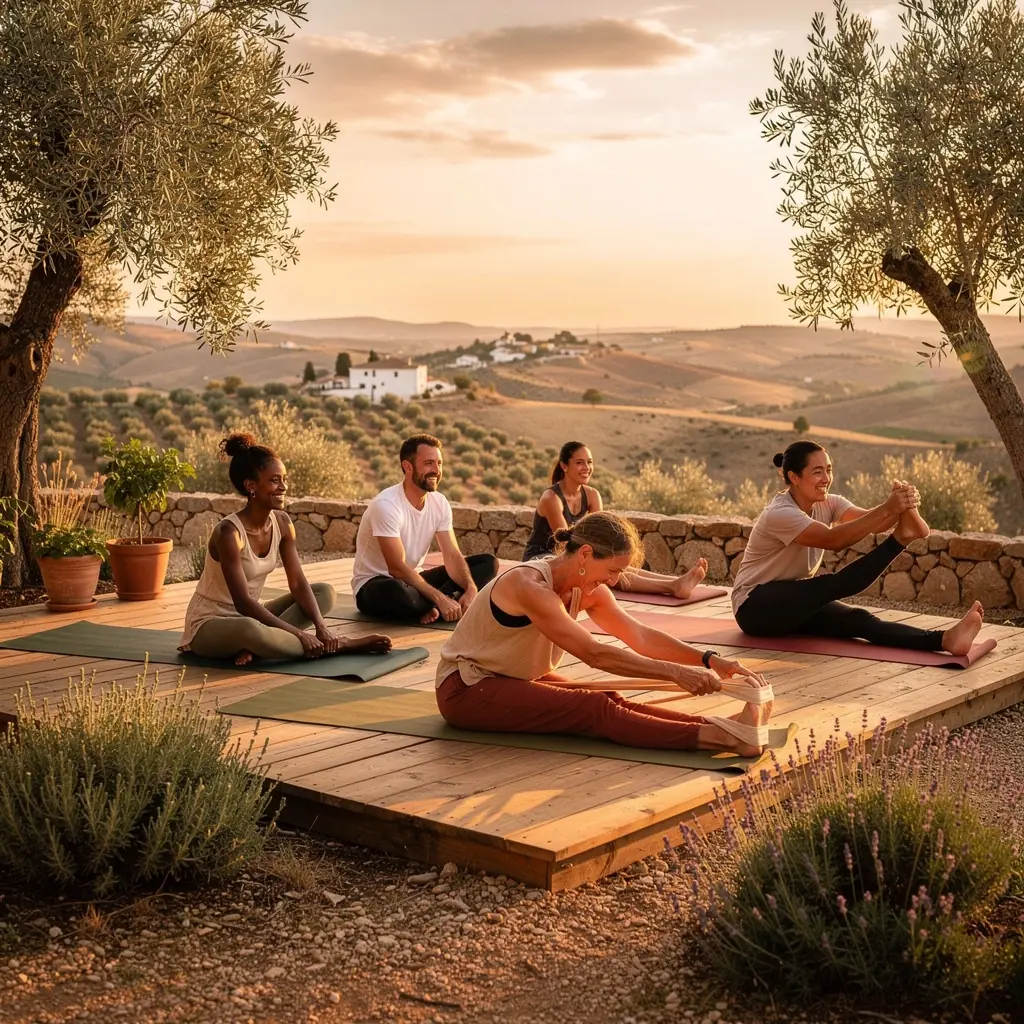 Una mujer en un entorno natural, realizando un estiramiento de isquiotibiales con una técnica progresiva.