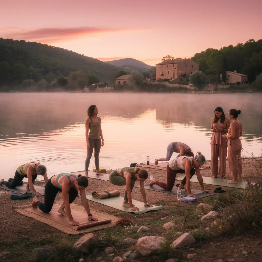 Un grupo de participantes en una clase de yoga enfocándose en técnicas de estiramiento progresivo.