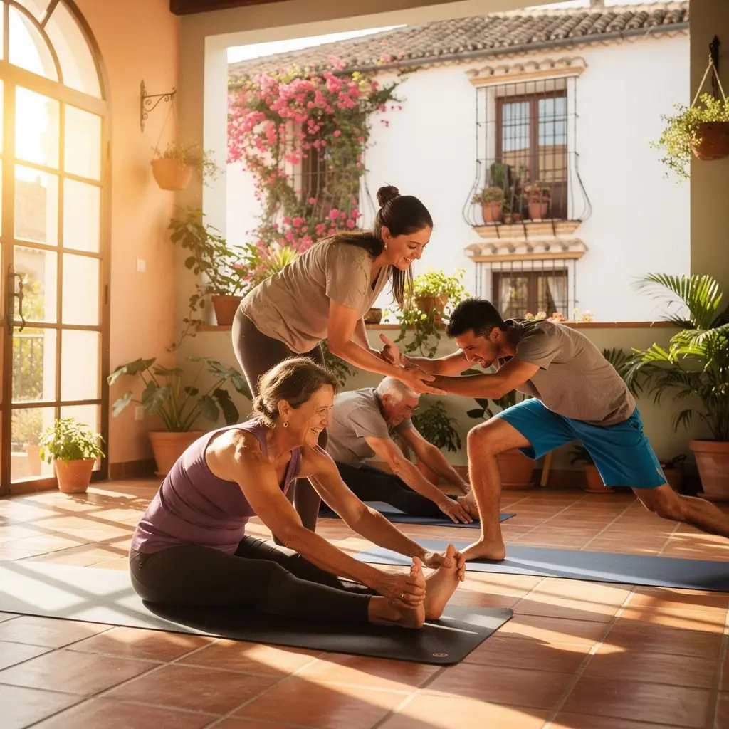 Un instructor guiando a los alumnos en ejercicios de flexibilidad para aliviar la tensión en las piernas.