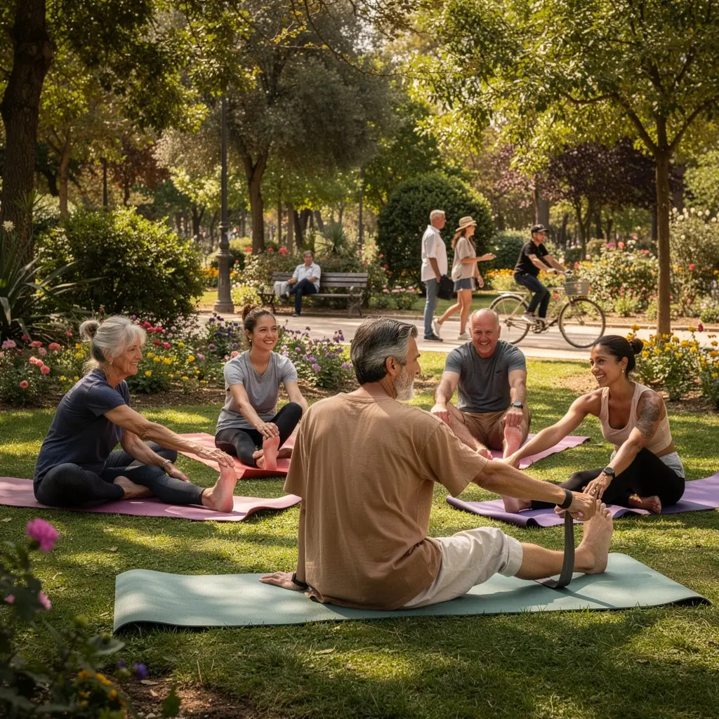 Una imagen de un tapete de yoga con accesorios utilizados para mejorar la flexibilidad de los isquiotibiales.