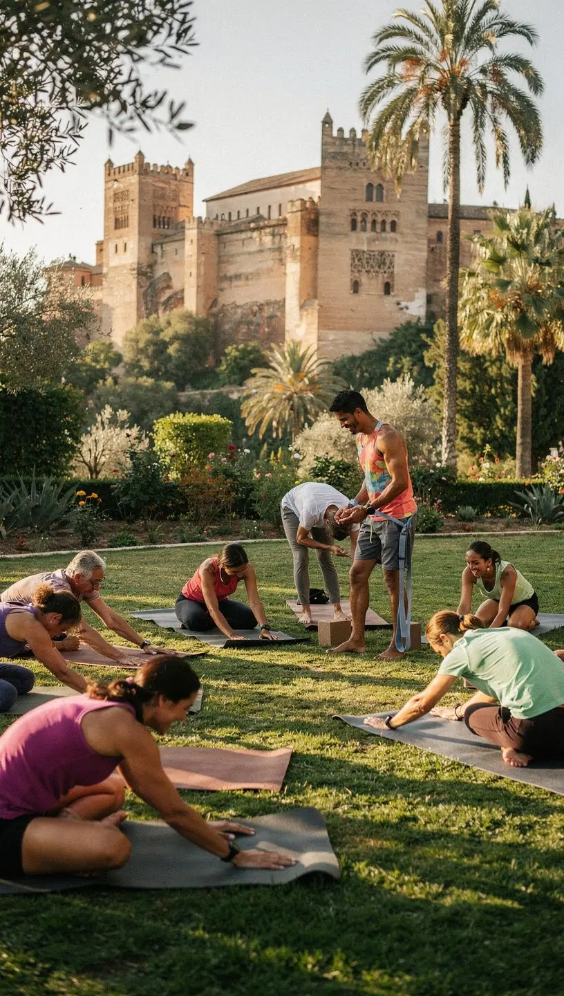 Un grupo de participantes en una clase de yoga enfocándose en técnicas de estiramiento progresivo.