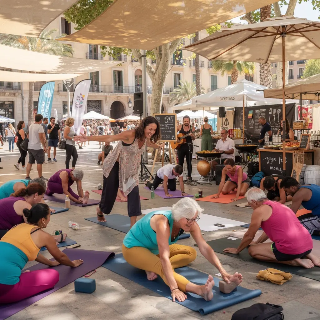 Un grupo de participantes en una clase de yoga enfocándose en técnicas de estiramiento progresivo.
