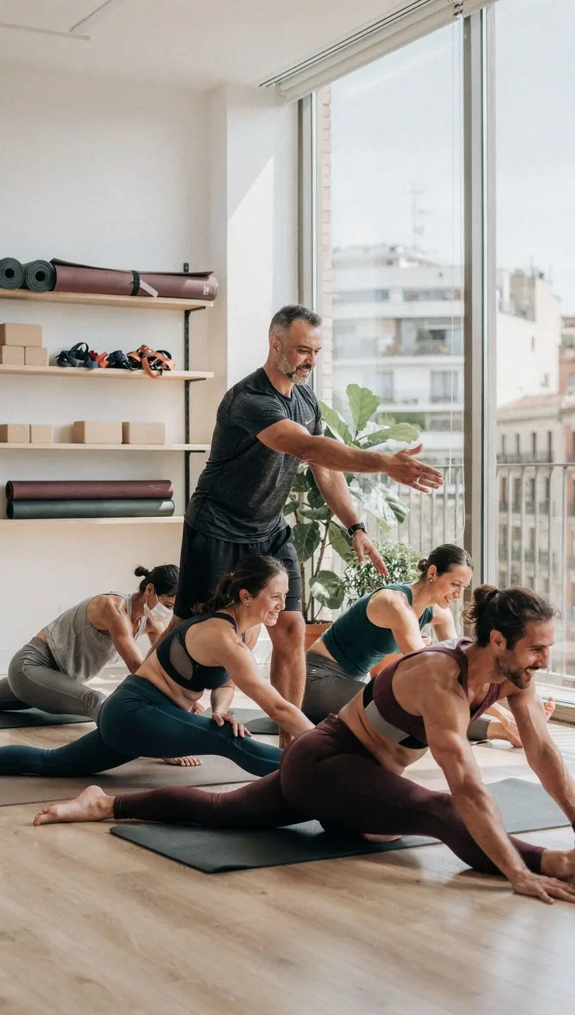 Un grupo de participantes en una clase de yoga enfocándose en técnicas de estiramiento progresivo.