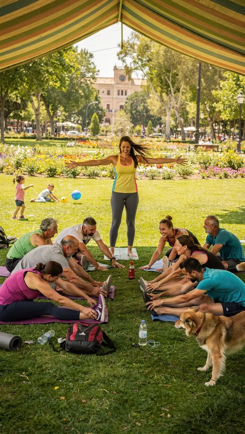 Un grupo de participantes en una clase de yoga enfocándose en técnicas de estiramiento progresivo.